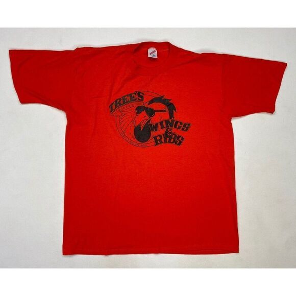 VINTAGE Tree's Wings & Ribs Graphic T-shirt Men XL Orange USA 90s Single Stitch - Picture 1 of 6